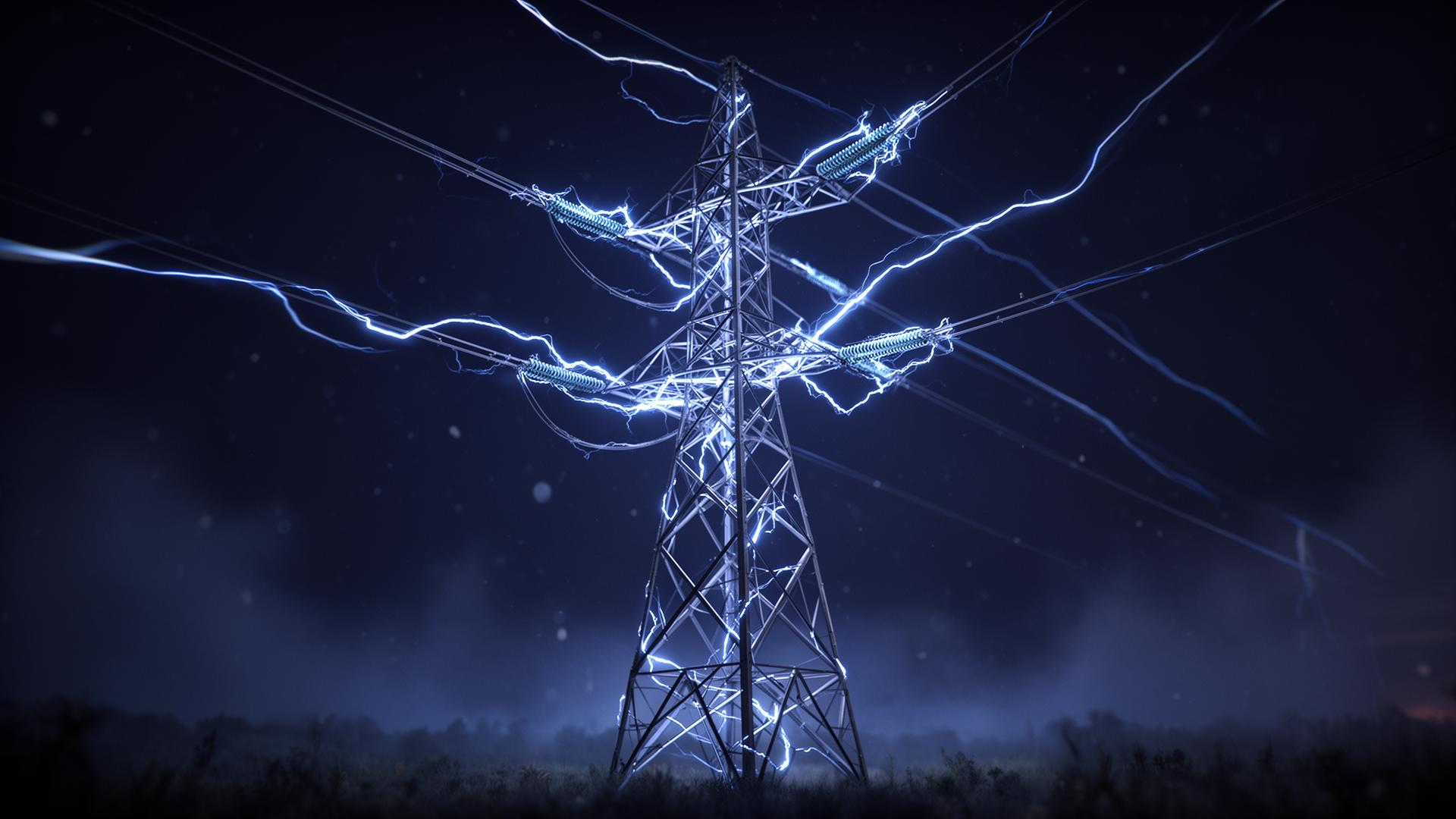 High voltage transmission tower with electric arcs
